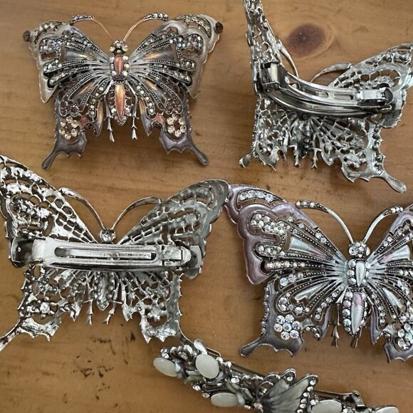 Set Of 6 BUTTERFLY HAIR BARRETTE CLIP CRYSTAL SILVER TONE METAL Vintage Y2K - Picture 7 of 8